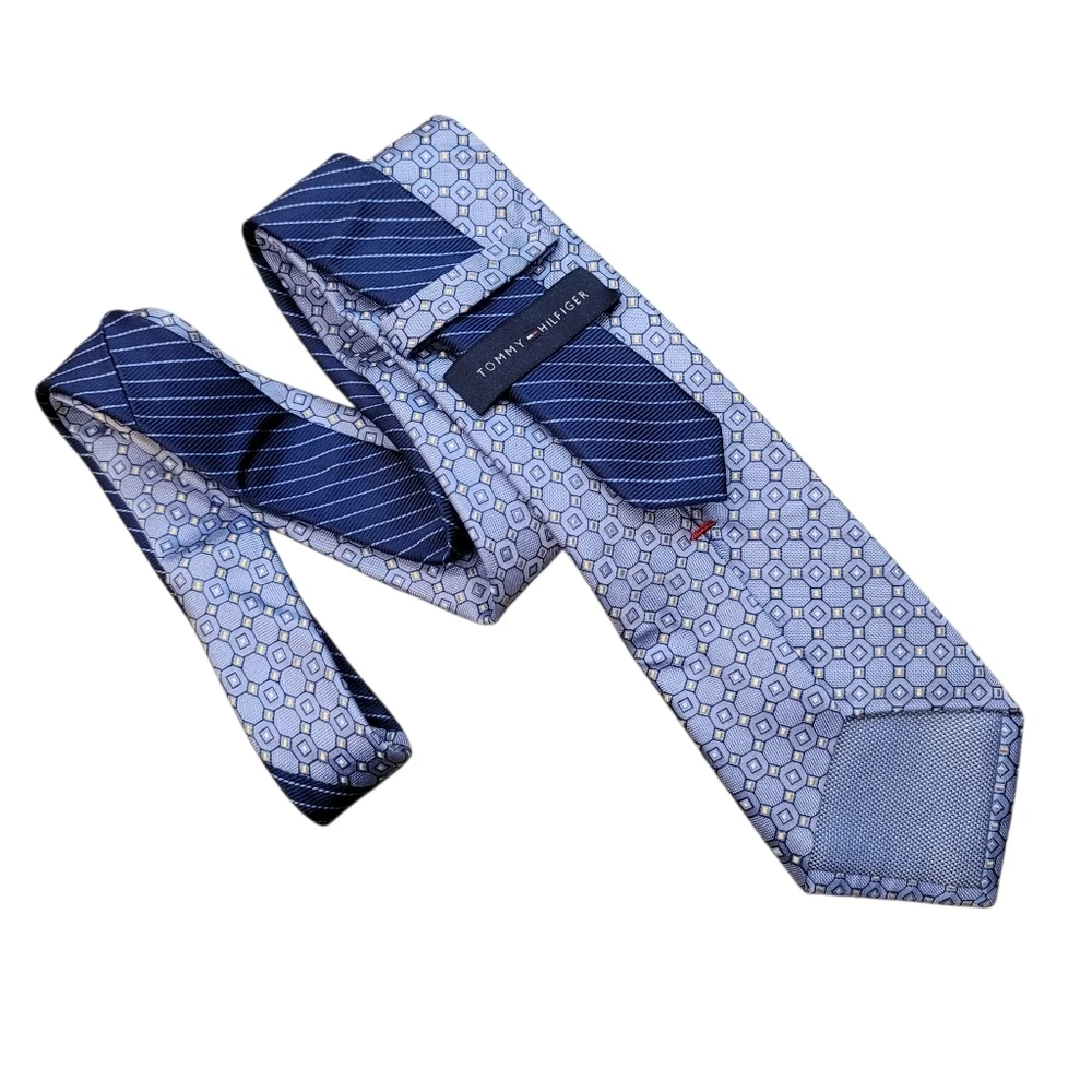 Tommy Hilfiger 100% Silk Light Blue Yellow Geometric Tie